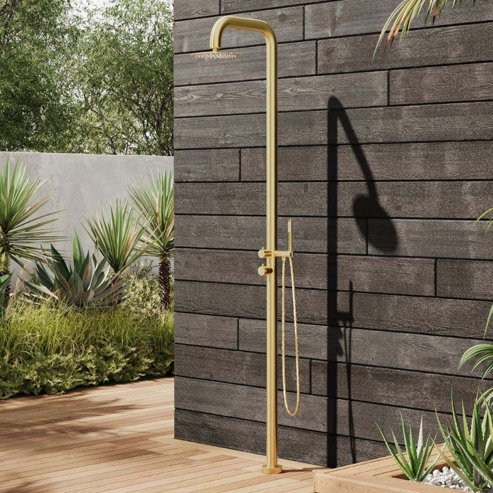 Lamez Gold 316L Stainless Steel Marine-Grade Outdoor Pool Shower – Brushed Gold Finish, Rinse-Off Shower With Hand Shower Wand
