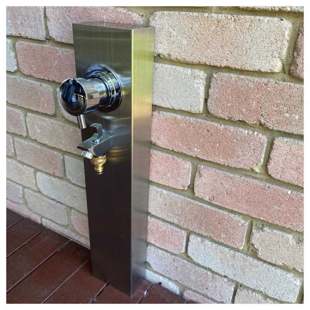 Silver Outdoor Foot Wash Station 316L Stainless Steel Marine Grade. Hot & Cold Mixer, Garden Hose Connection