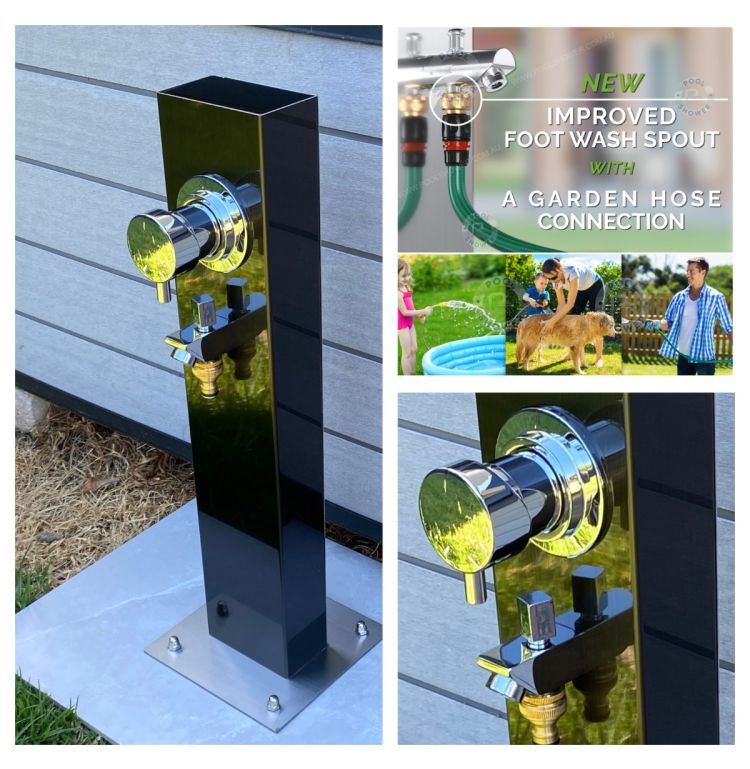Black 316L Marine Grade Stainless Steel Outdoor Foot Wash Station with a Garden Hose Connection & Hot & Cold Mixer