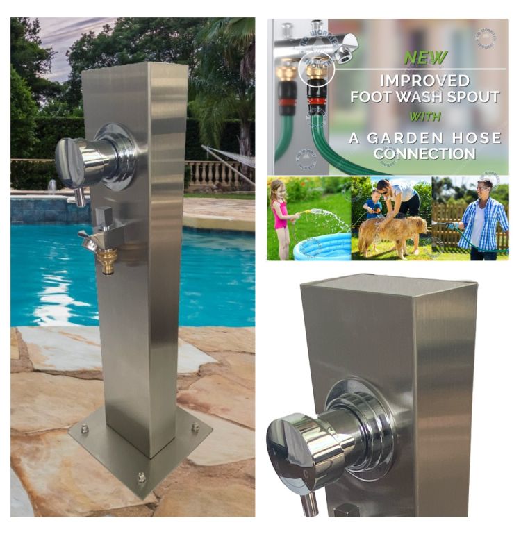  Silver Outdoor Foot Wash Station 316L Stainless Steel Marine Grade. Hot & Cold Mixer, Garden Hose Connection
