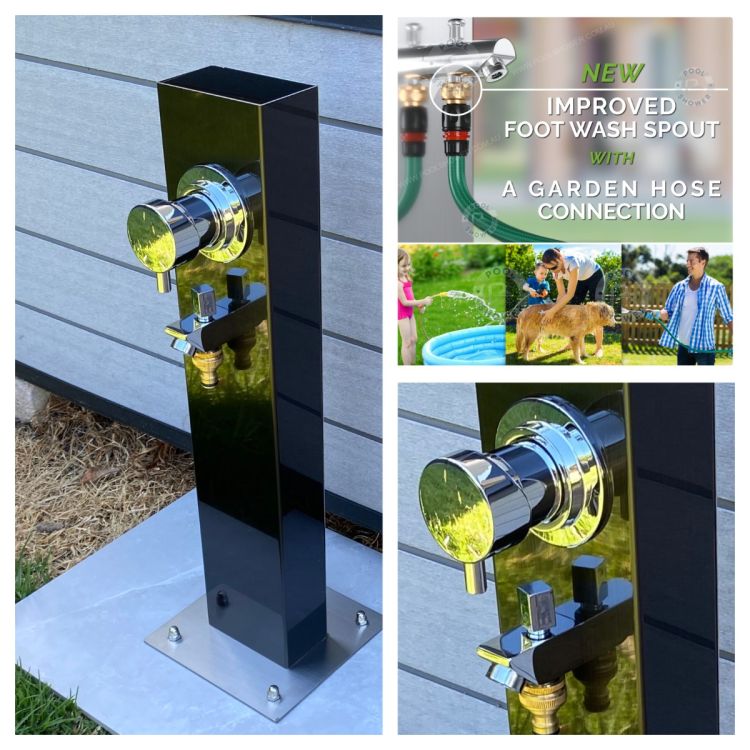 Black 316L Marine Grade Stainless Steel Outdoor Foot Wash Station with a Garden Hose Connection & Hot & Cold Mixer