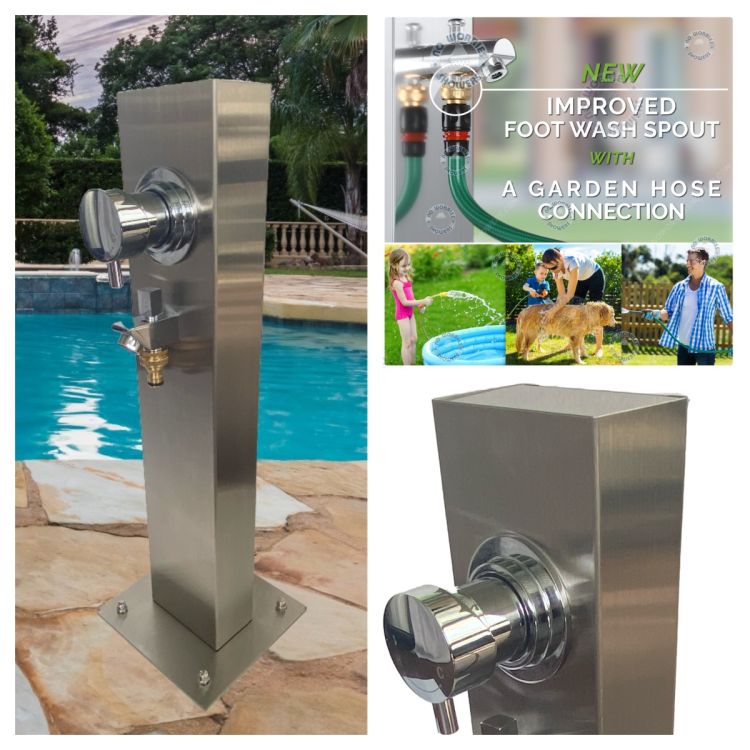  Silver Outdoor Foot Wash Station 316L Stainless Steel Marine Grade. Hot & Cold Mixer, Garden Hose Connection