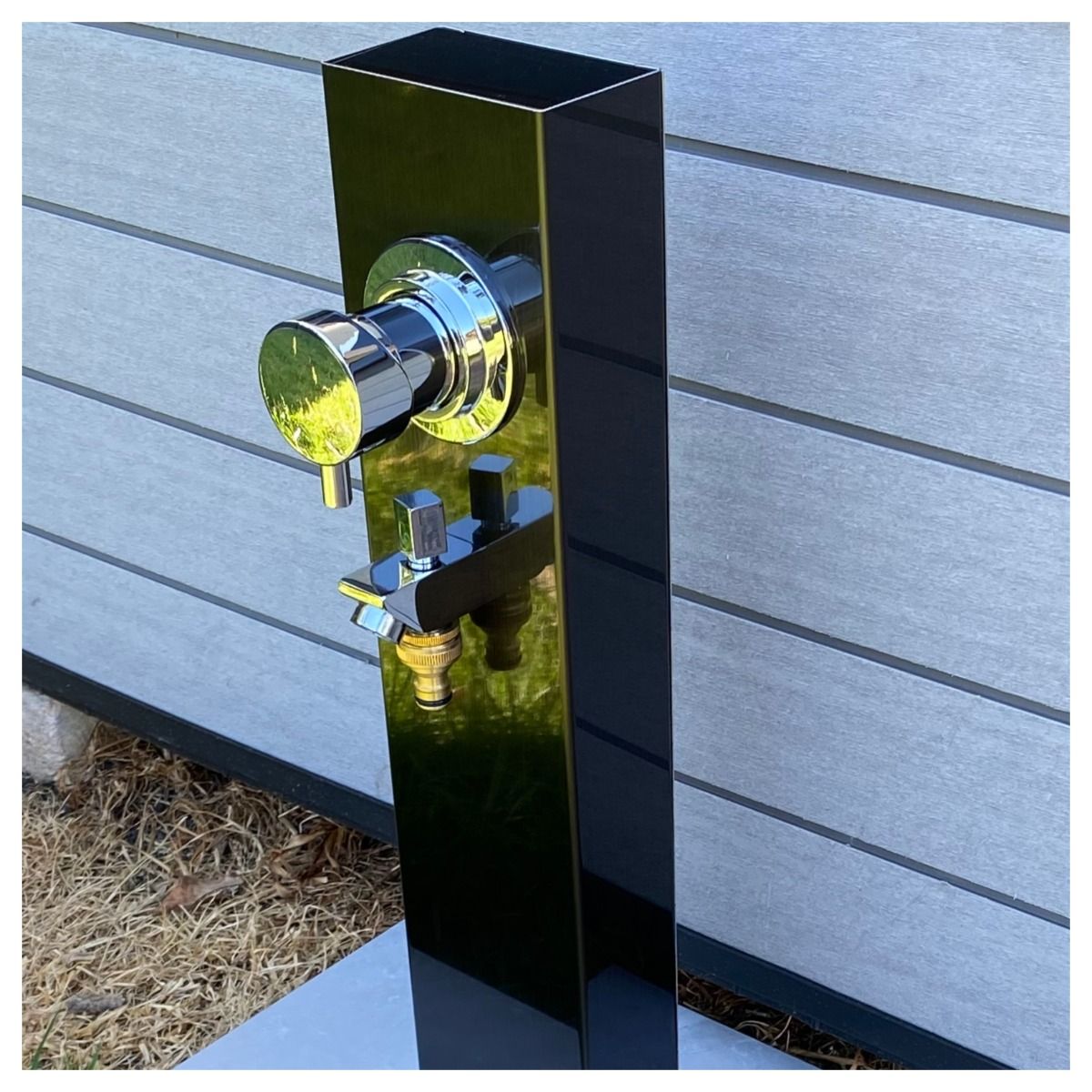 Black 316L Marine Grade Stainless Steel Outdoor Foot Wash Station with a Garden Hose Connection & Hot & Cold Mixer