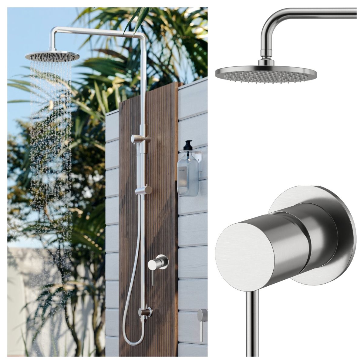 Delta 2 in 1 Outdoor Wall Mounted Shower Rail 316L Marine Grade Stainless Steel with Hot & Cold Mixer Valve and Hand Shower Wand