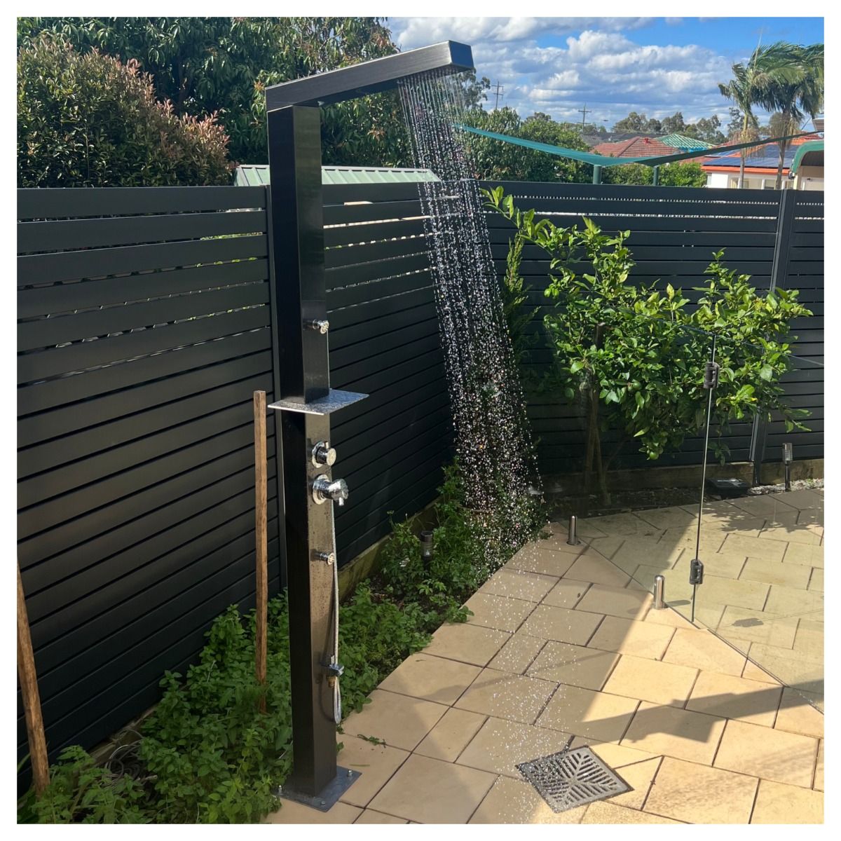 Reno Black ADA 316L Stainless Steel Outdoor Shower. Complete Shower System Tower Panel Marine Grade